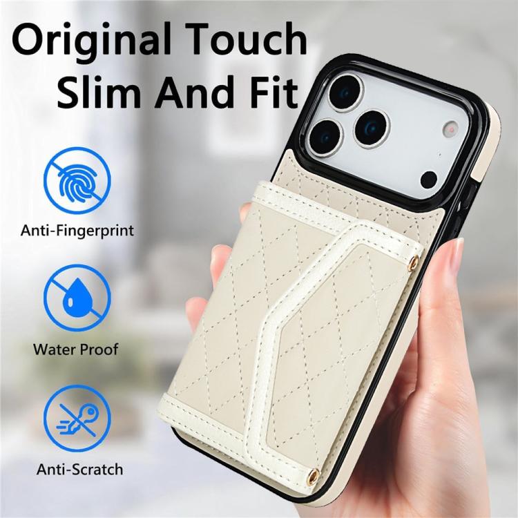 For iPhone 17 Pro Max Splicing Rhombic Texture Card Bag Phone Case with Long Lanyard