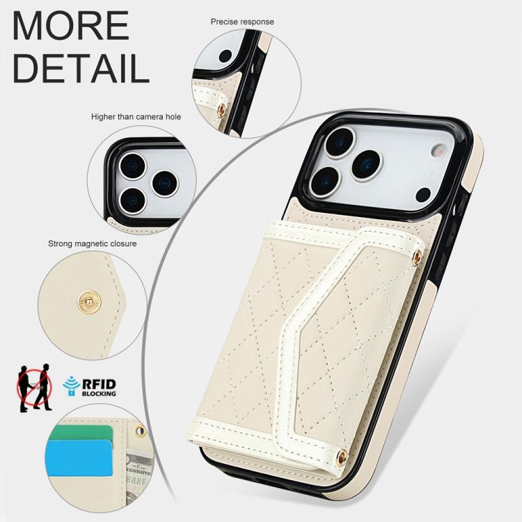 For iPhone 17 Pro Max Splicing Rhombic Texture Card Bag Phone Case with Long Lanyard