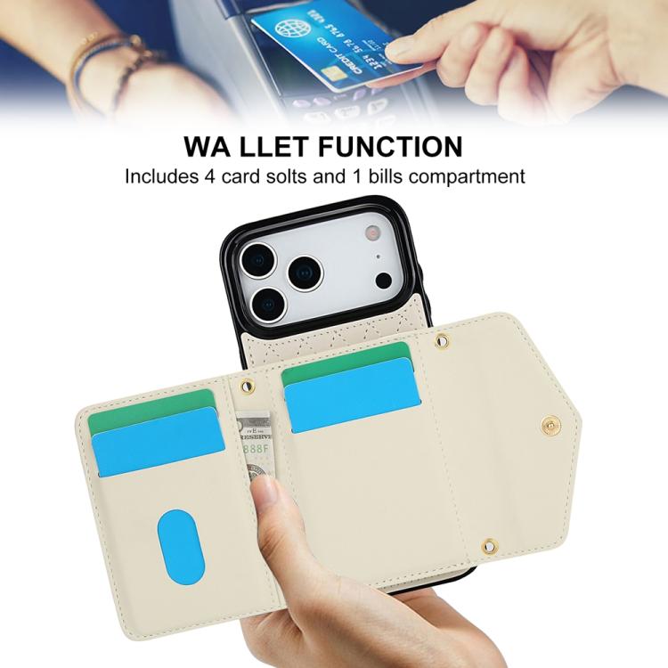 For iPhone 17 Pro Max Splicing Rhombic Texture Card Bag Phone Case with Long Lanyard
