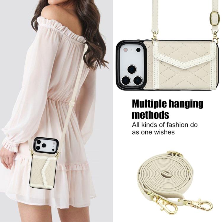 For iPhone 17 Pro Max Splicing Rhombic Texture Card Bag Phone Case with Long Lanyard