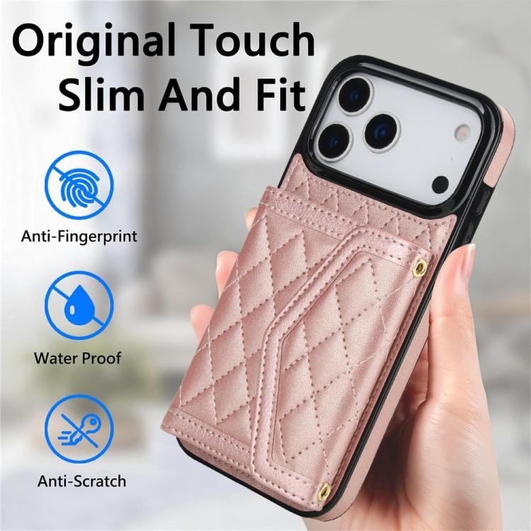 For iPhone 17 Pro Max Splicing Rhombic Texture Card Bag Phone Case with Long Lanyard