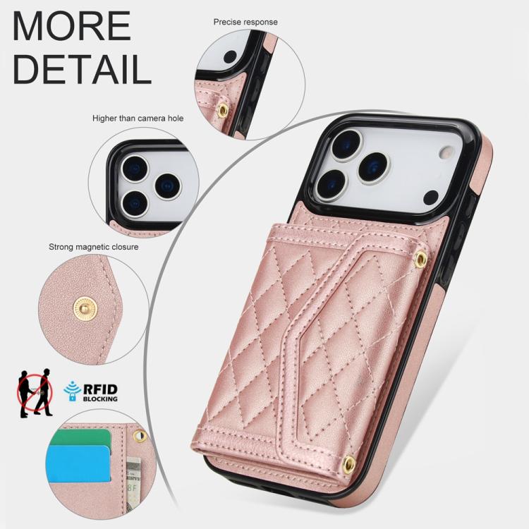 For iPhone 17 Pro Max Splicing Rhombic Texture Card Bag Phone Case with Long Lanyard