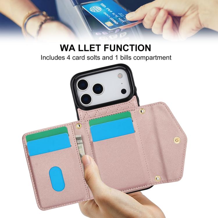 For iPhone 17 Pro Max Splicing Rhombic Texture Card Bag Phone Case with Long Lanyard