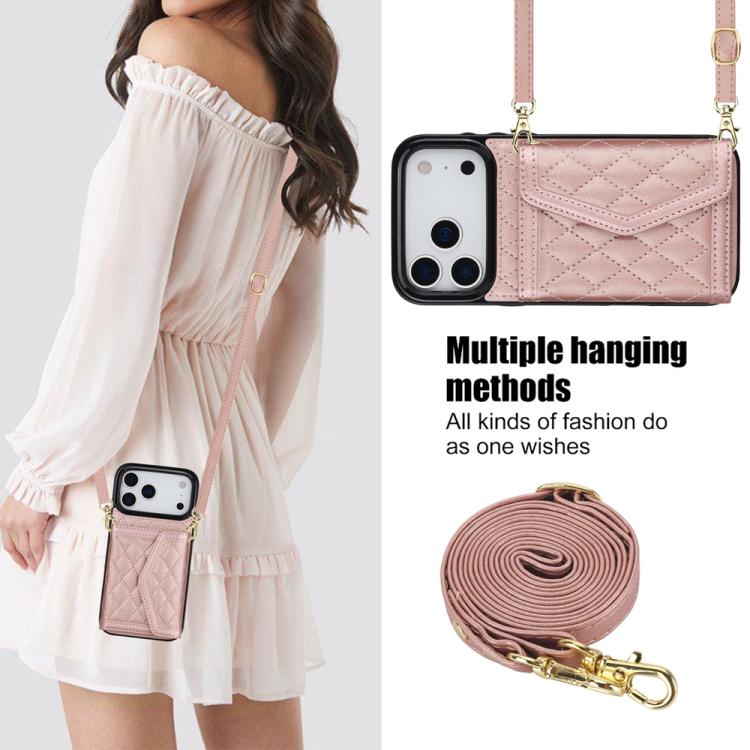 For iPhone 17 Pro Max Splicing Rhombic Texture Card Bag Phone Case with Long Lanyard