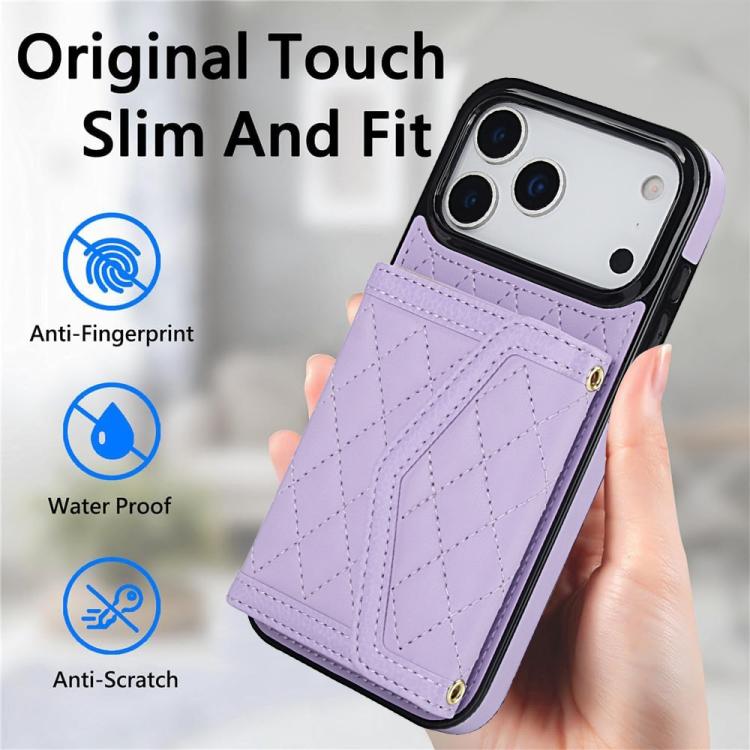 For iPhone 17 Pro Max Splicing Rhombic Texture Card Bag Phone Case with Long Lanyard