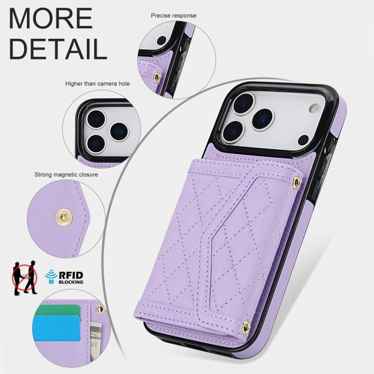 For iPhone 17 Pro Max Splicing Rhombic Texture Card Bag Phone Case with Long Lanyard