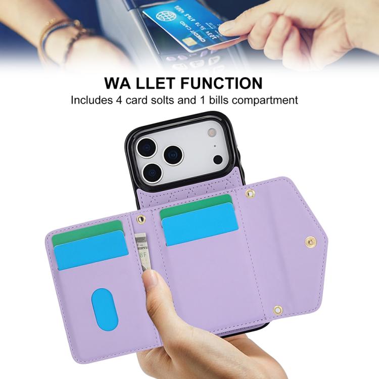 For iPhone 17 Pro Max Splicing Rhombic Texture Card Bag Phone Case with Long Lanyard