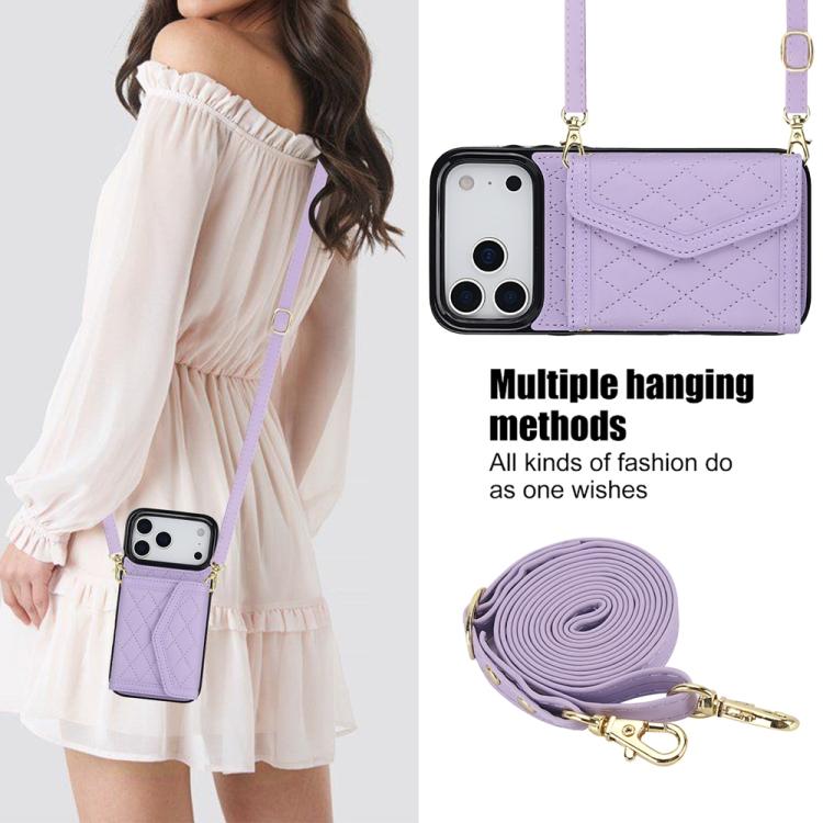 For iPhone 17 Pro Max Splicing Rhombic Texture Card Bag Phone Case with Long Lanyard