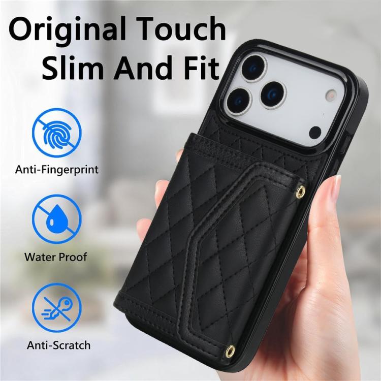 For iPhone 17 Pro Max Splicing Rhombic Texture Card Bag Phone Case with Long Lanyard