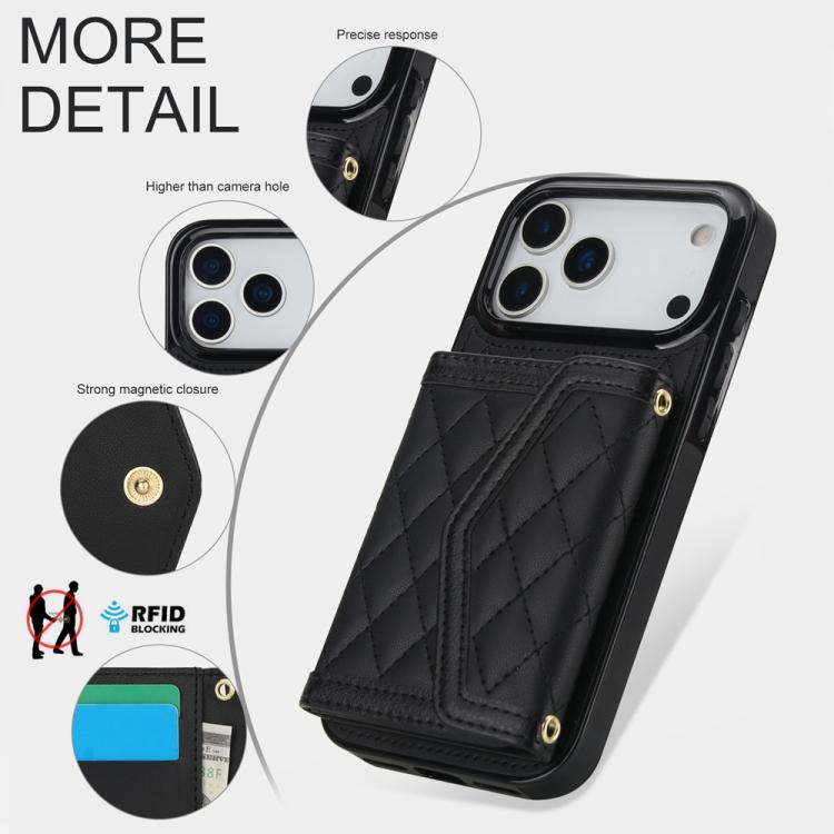 For iPhone 17 Pro Max Splicing Rhombic Texture Card Bag Phone Case with Long Lanyard