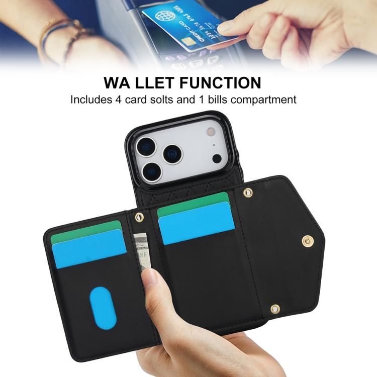 For iPhone 17 Pro Max Splicing Rhombic Texture Card Bag Phone Case with Long Lanyard