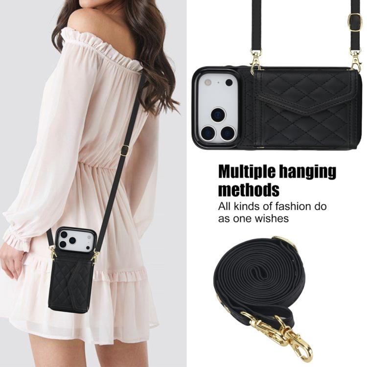 For iPhone 17 Pro Max Splicing Rhombic Texture Card Bag Phone Case with Long Lanyard