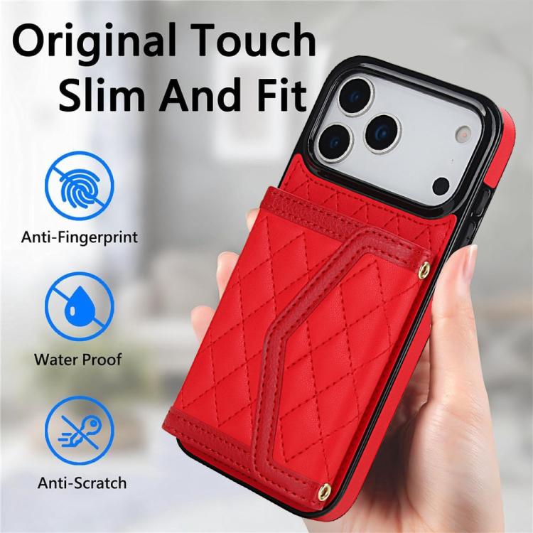 For iPhone 17 Pro Max Splicing Rhombic Texture Card Bag Phone Case with Long Lanyard