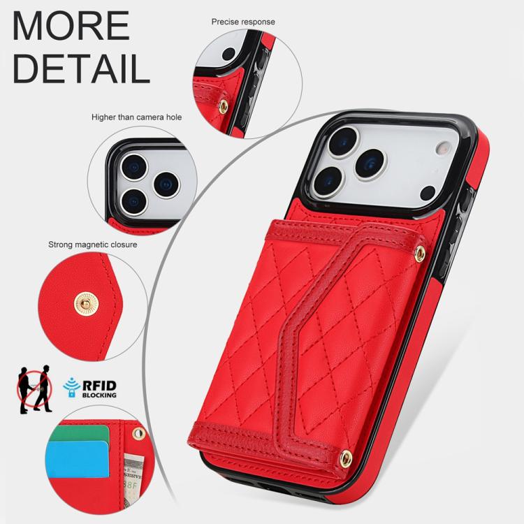 For iPhone 17 Pro Max Splicing Rhombic Texture Card Bag Phone Case with Long Lanyard