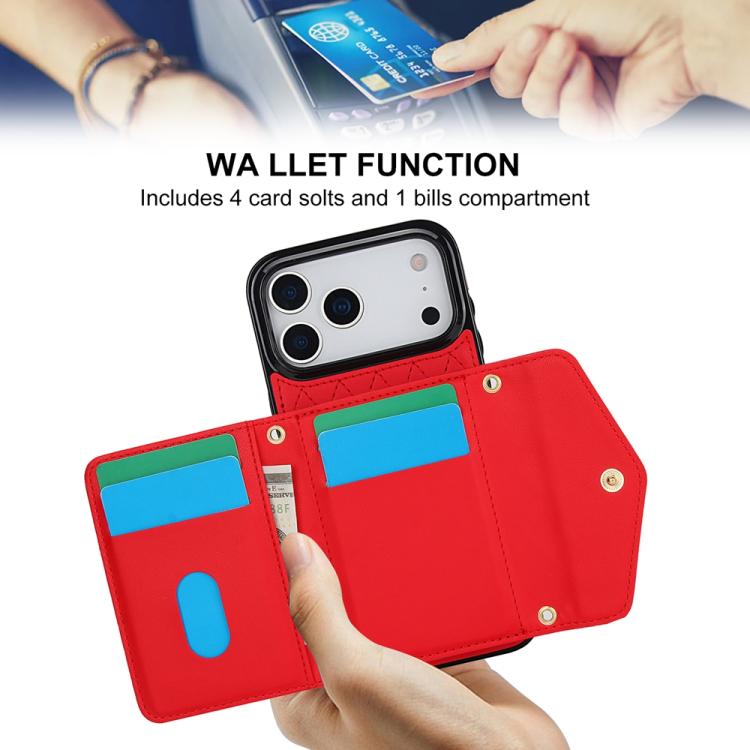 For iPhone 17 Pro Max Splicing Rhombic Texture Card Bag Phone Case with Long Lanyard
