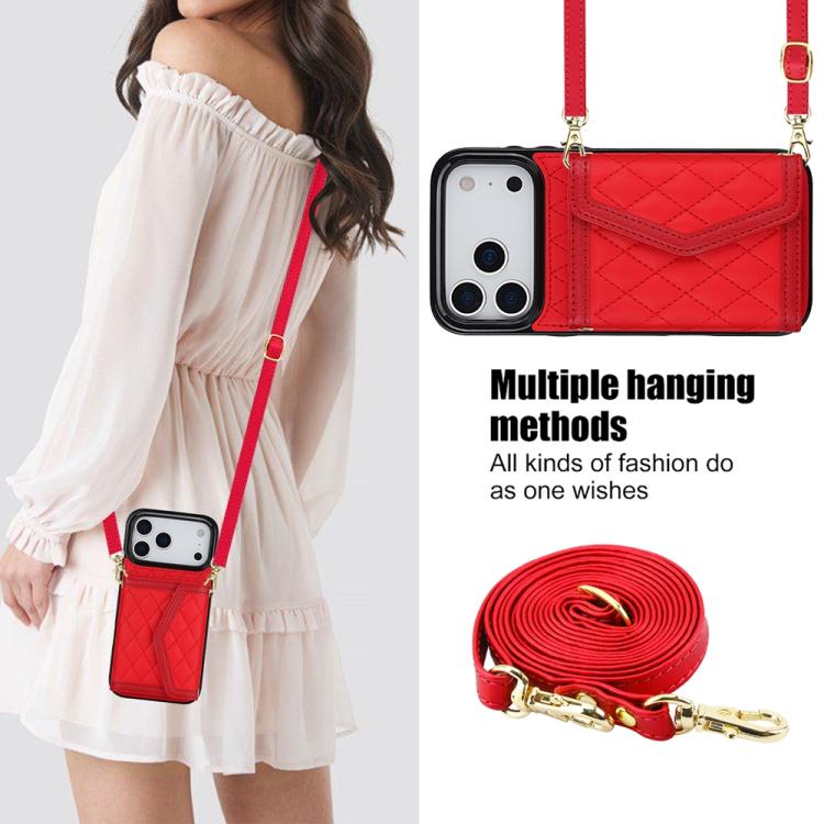 For iPhone 17 Pro Max Splicing Rhombic Texture Card Bag Phone Case with Long Lanyard