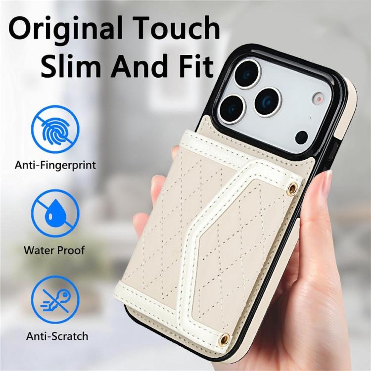 For iPhone 17 Pro Splicing Rhombic Texture Card Bag Phone Case with Long Lanyard