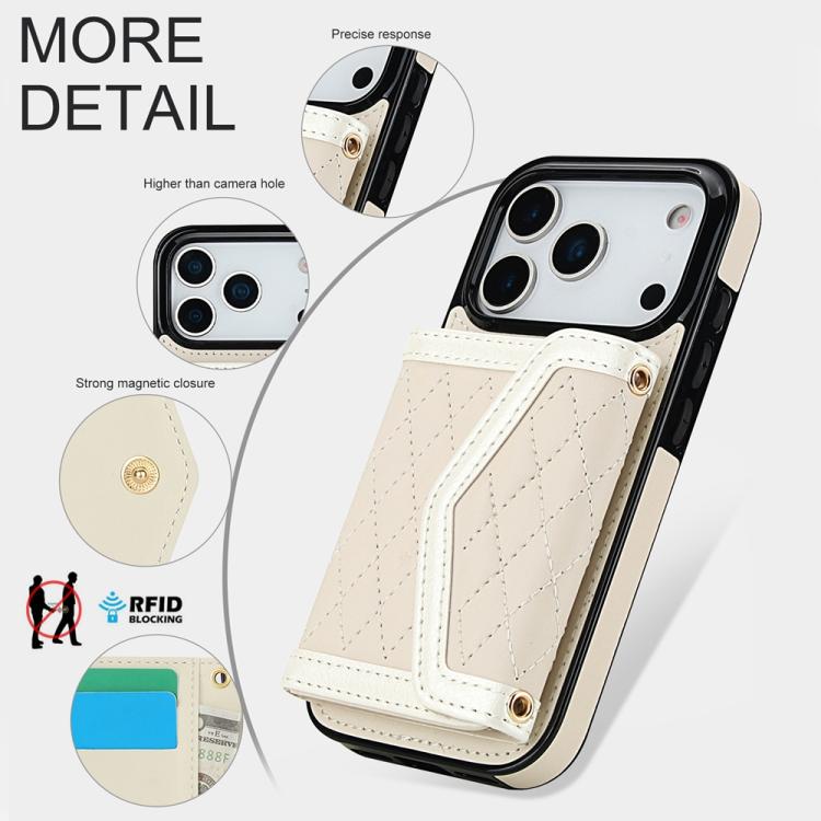 For iPhone 17 Pro Splicing Rhombic Texture Card Bag Phone Case with Long Lanyard