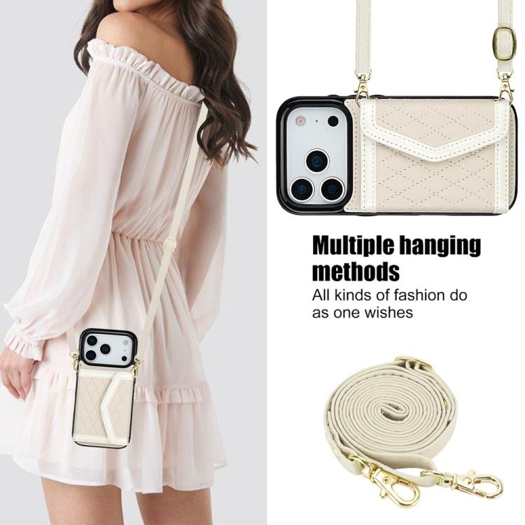 For iPhone 17 Pro Splicing Rhombic Texture Card Bag Phone Case with Long Lanyard