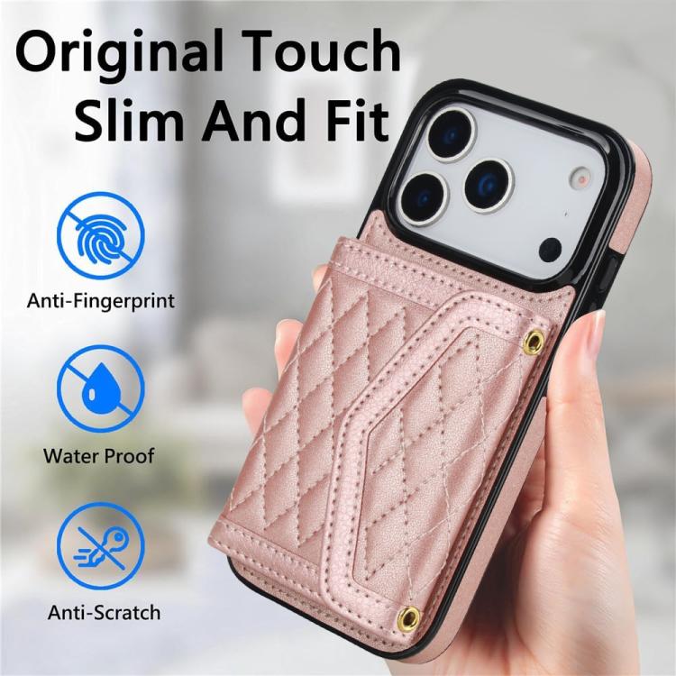 For iPhone 17 Pro Splicing Rhombic Texture Card Bag Phone Case with Long Lanyard