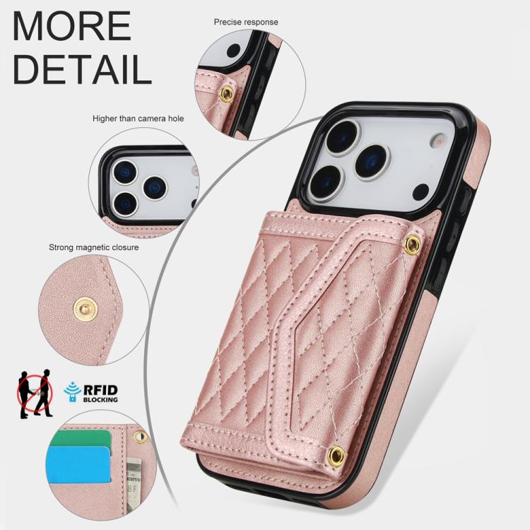 For iPhone 17 Pro Splicing Rhombic Texture Card Bag Phone Case with Long Lanyard