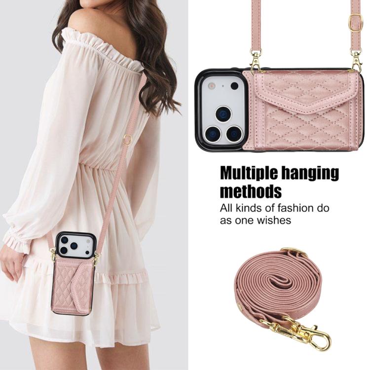 For iPhone 17 Pro Splicing Rhombic Texture Card Bag Phone Case with Long Lanyard