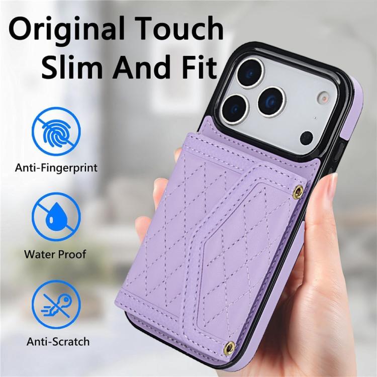 For iPhone 17 Pro Splicing Rhombic Texture Card Bag Phone Case with Long Lanyard