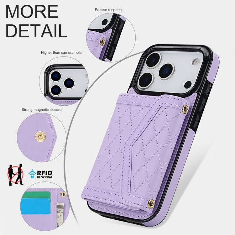 For iPhone 17 Pro Splicing Rhombic Texture Card Bag Phone Case with Long Lanyard