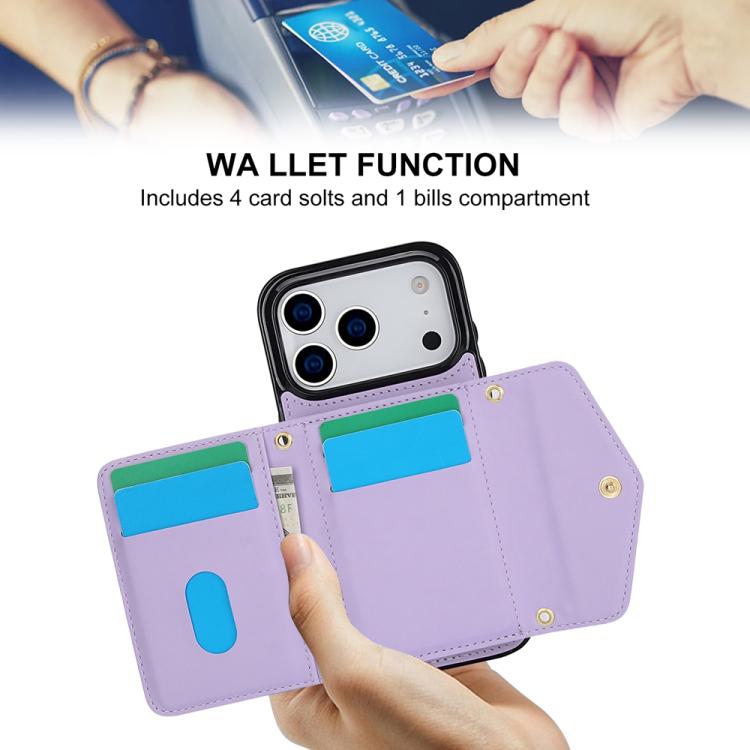 For iPhone 17 Pro Splicing Rhombic Texture Card Bag Phone Case with Long Lanyard