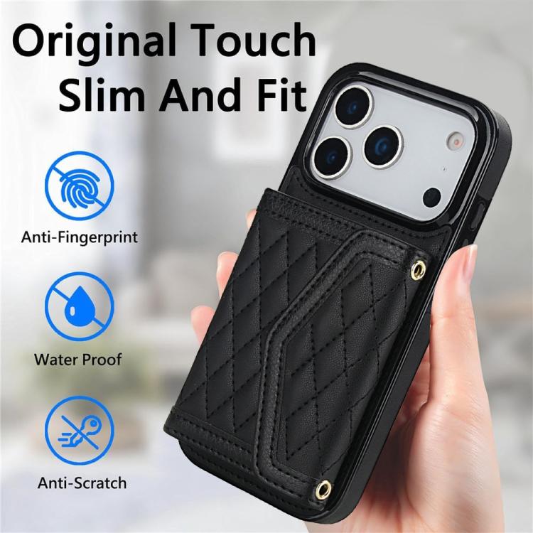 For iPhone 17 Pro Splicing Rhombic Texture Card Bag Phone Case with Long Lanyard