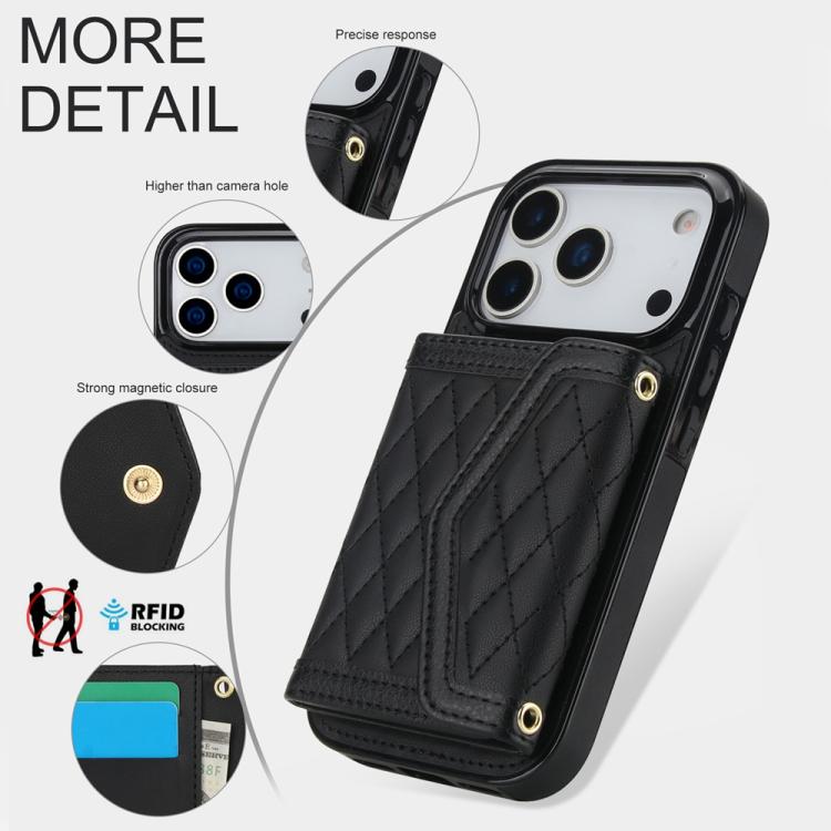 For iPhone 17 Pro Splicing Rhombic Texture Card Bag Phone Case with Long Lanyard