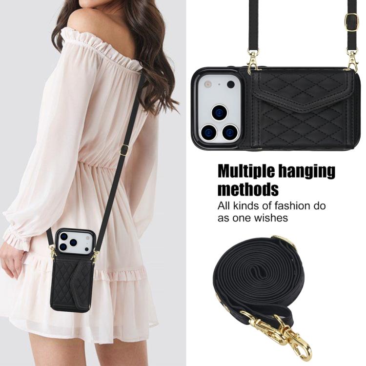 For iPhone 17 Pro Splicing Rhombic Texture Card Bag Phone Case with Long Lanyard