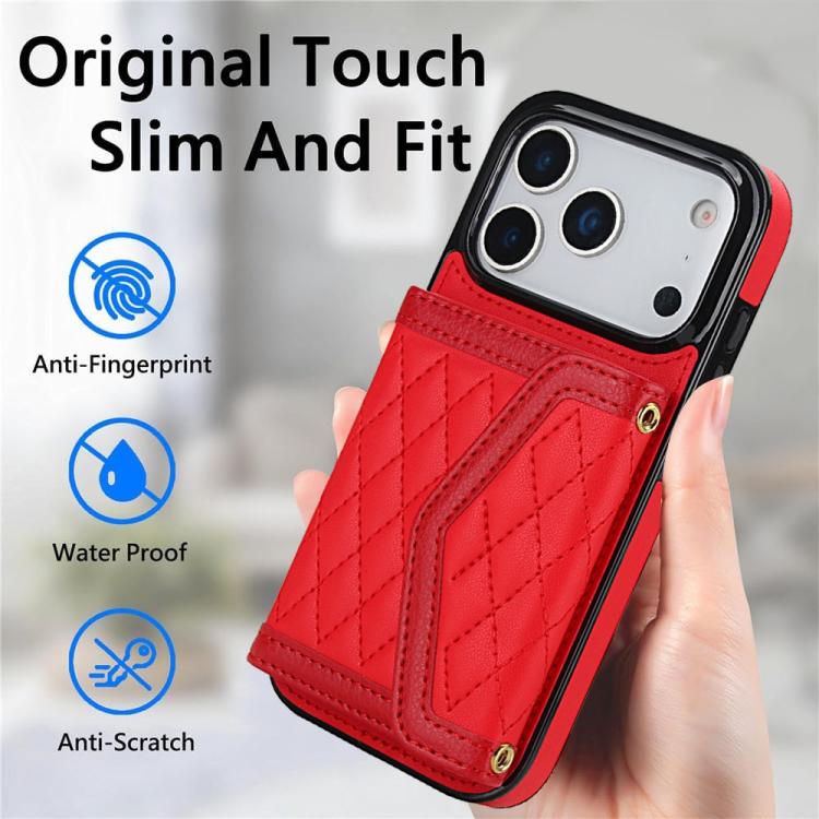 For iPhone 17 Pro Splicing Rhombic Texture Card Bag Phone Case with Long Lanyard