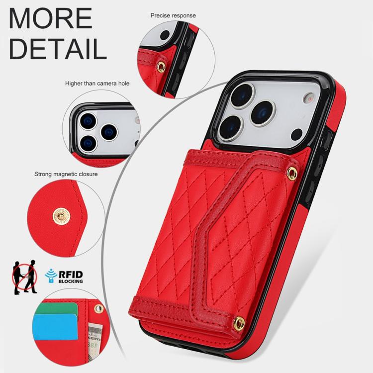 For iPhone 17 Pro Splicing Rhombic Texture Card Bag Phone Case with Long Lanyard
