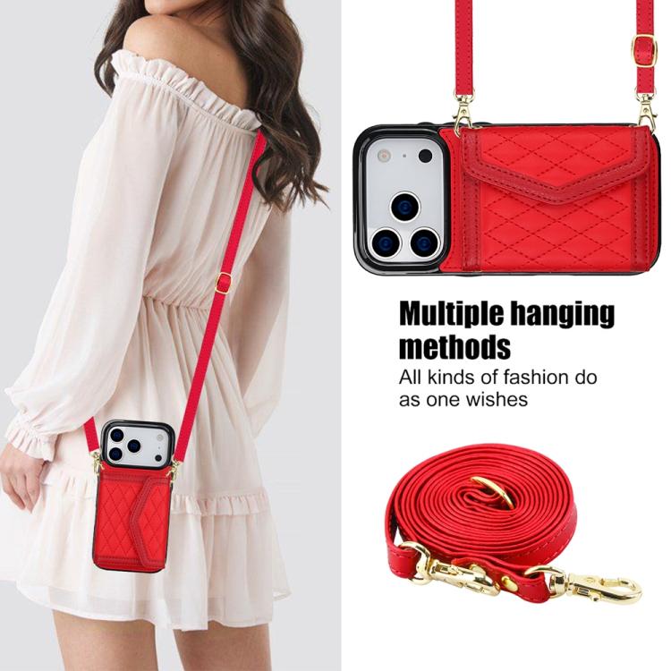 For iPhone 17 Pro Splicing Rhombic Texture Card Bag Phone Case with Long Lanyard