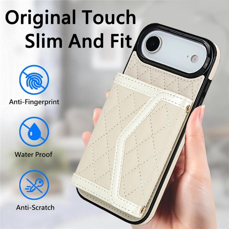 For iPhone Air Splicing Rhombic Texture Card Bag Phone Case with Long Lanyard