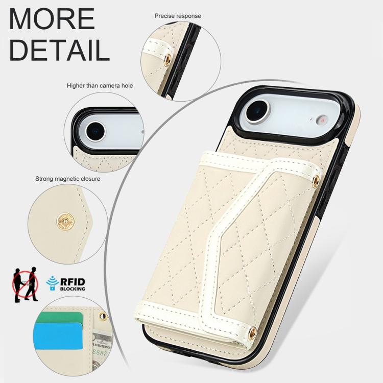 For iPhone Air Splicing Rhombic Texture Card Bag Phone Case with Long Lanyard