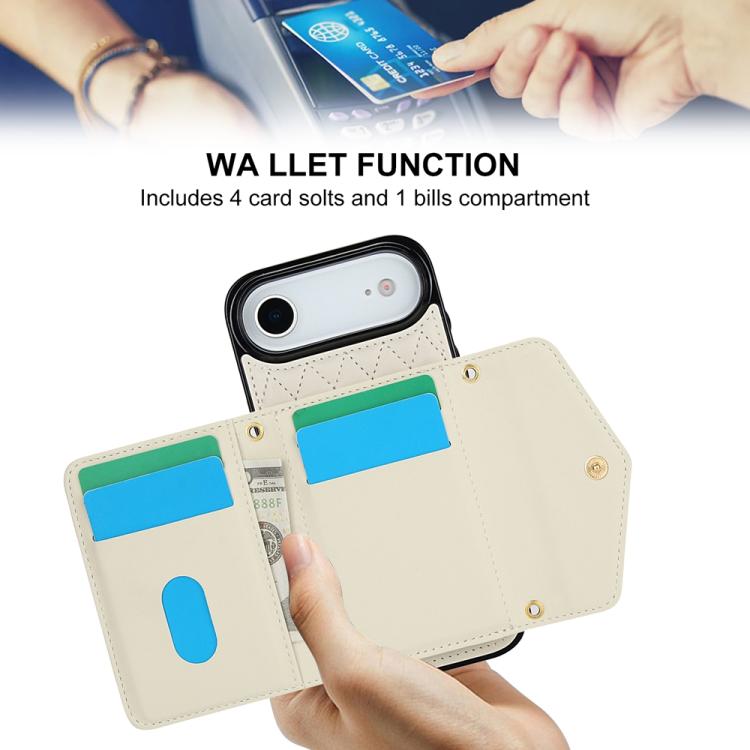 For iPhone Air Splicing Rhombic Texture Card Bag Phone Case with Long Lanyard
