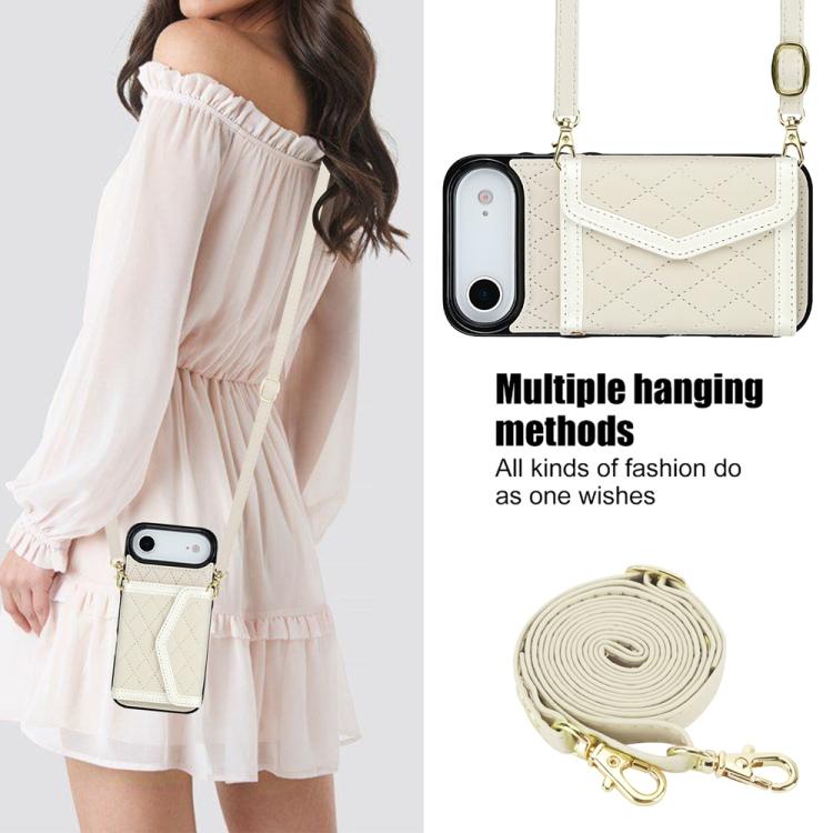 For iPhone Air Splicing Rhombic Texture Card Bag Phone Case with Long Lanyard