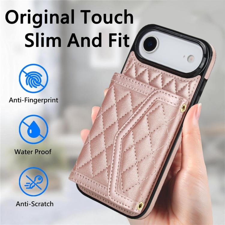 For iPhone Air Splicing Rhombic Texture Card Bag Phone Case with Long Lanyard