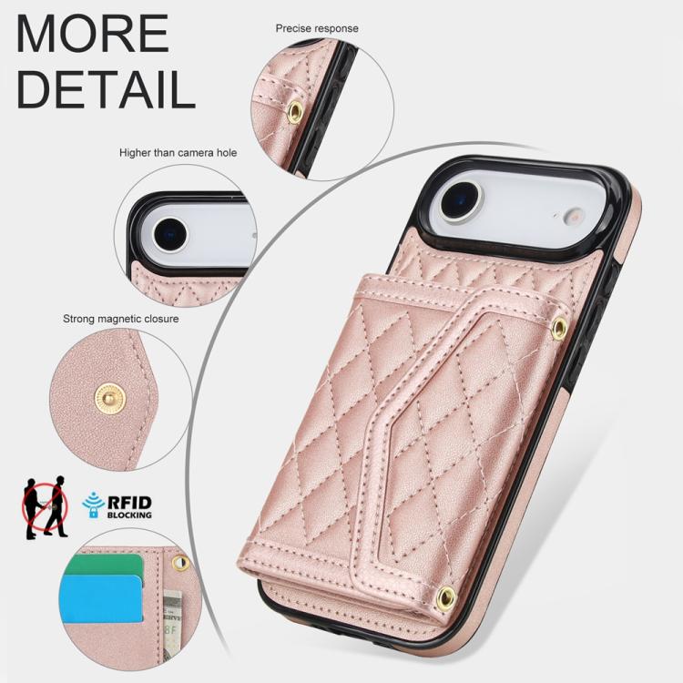 For iPhone Air Splicing Rhombic Texture Card Bag Phone Case with Long Lanyard