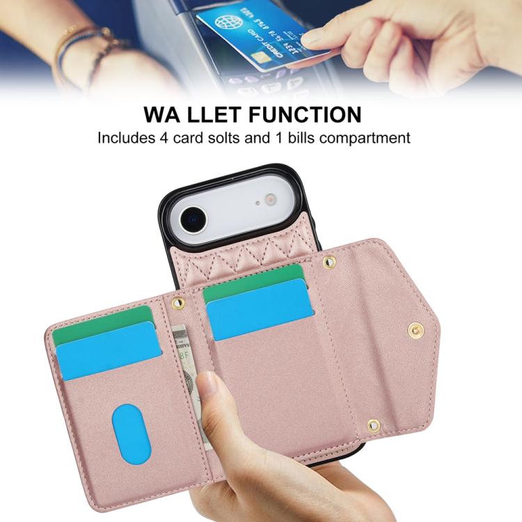 For iPhone Air Splicing Rhombic Texture Card Bag Phone Case with Long Lanyard