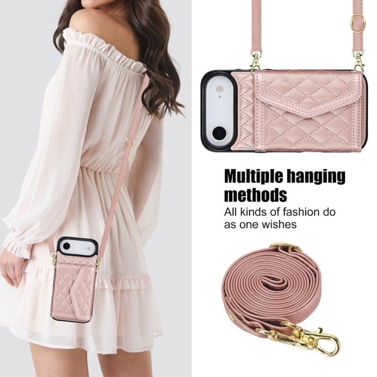 For iPhone Air Splicing Rhombic Texture Card Bag Phone Case with Long Lanyard