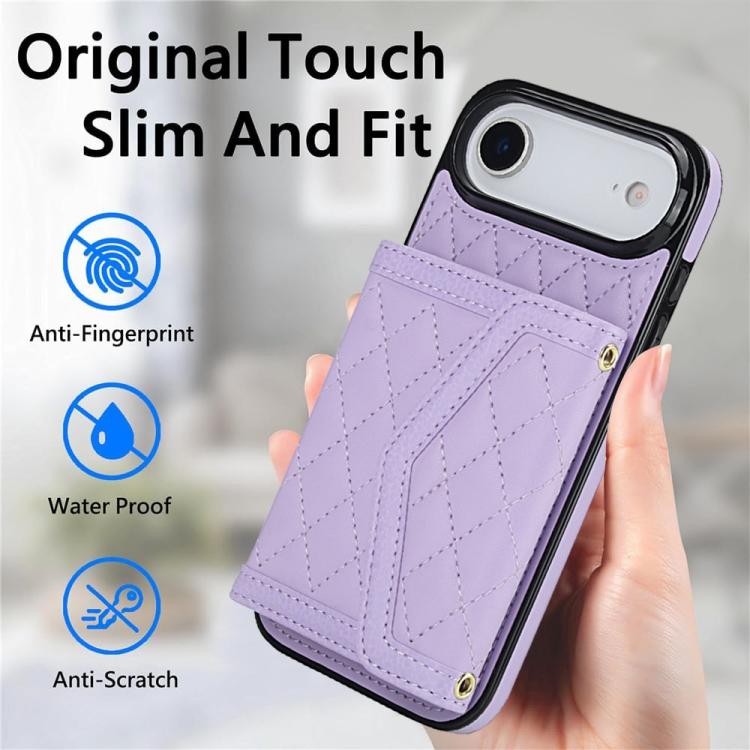 For iPhone Air Splicing Rhombic Texture Card Bag Phone Case with Long Lanyard