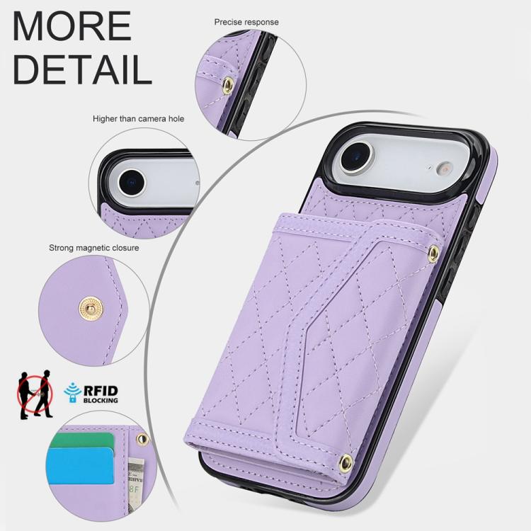 For iPhone Air Splicing Rhombic Texture Card Bag Phone Case with Long Lanyard