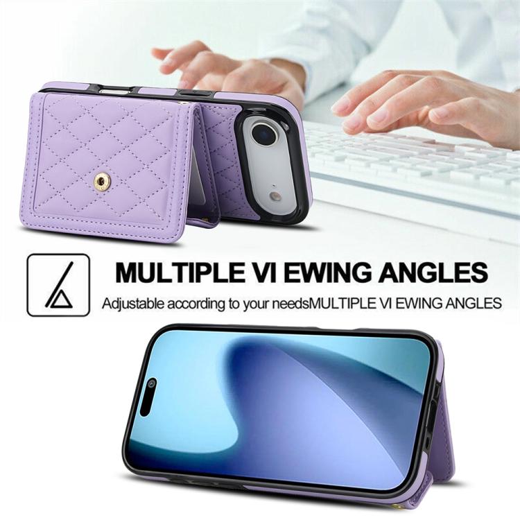 For iPhone Air Splicing Rhombic Texture Card Bag Phone Case with Long Lanyard