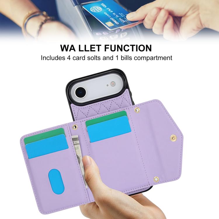 For iPhone Air Splicing Rhombic Texture Card Bag Phone Case with Long Lanyard