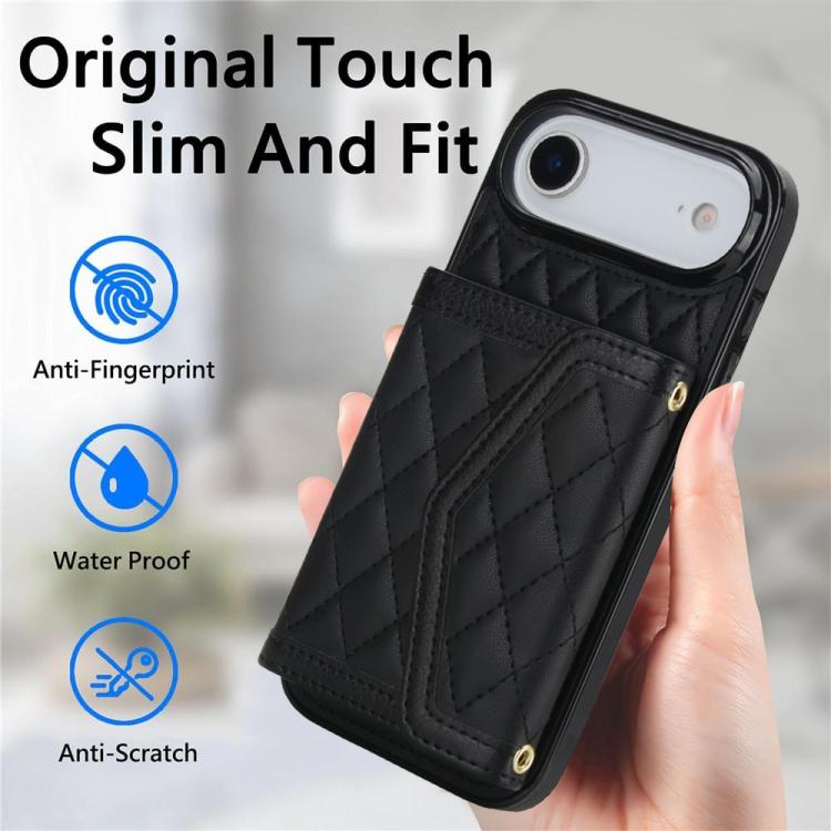 For iPhone Air Splicing Rhombic Texture Card Bag Phone Case with Long Lanyard