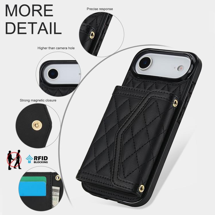 For iPhone Air Splicing Rhombic Texture Card Bag Phone Case with Long Lanyard