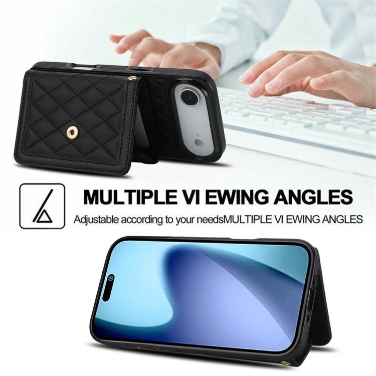 For iPhone Air Splicing Rhombic Texture Card Bag Phone Case with Long Lanyard